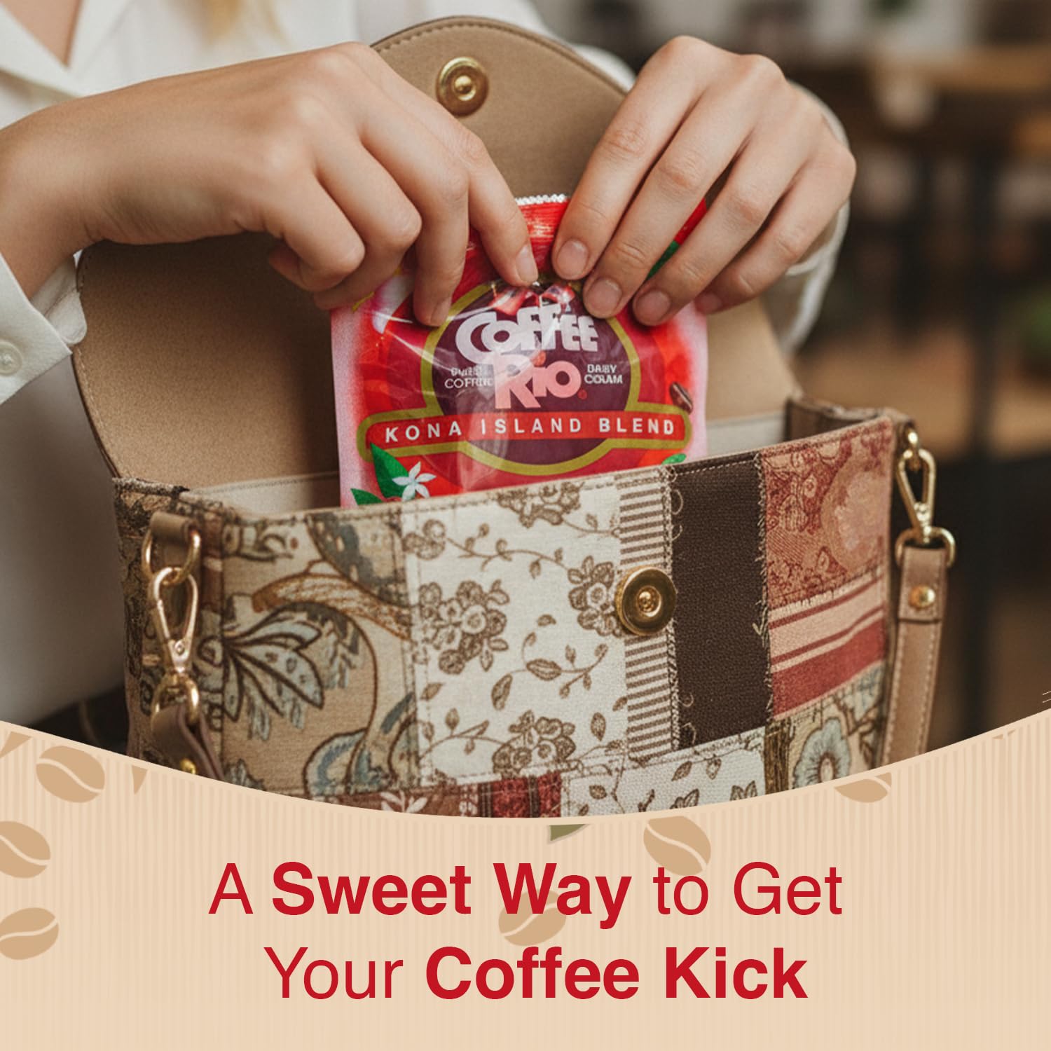 Coffee Rio candy held in hand demonstrating size and easy single-serve benefit