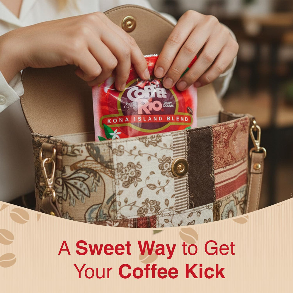 Coffee Rio candy held in hand demonstrating size and easy single-serve benefit