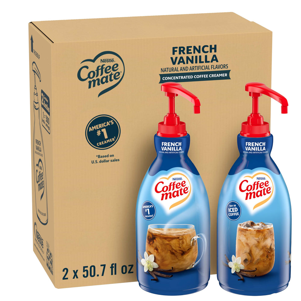 Nestle Coffee mate front packaging showing French Vanilla pump for easy portioning