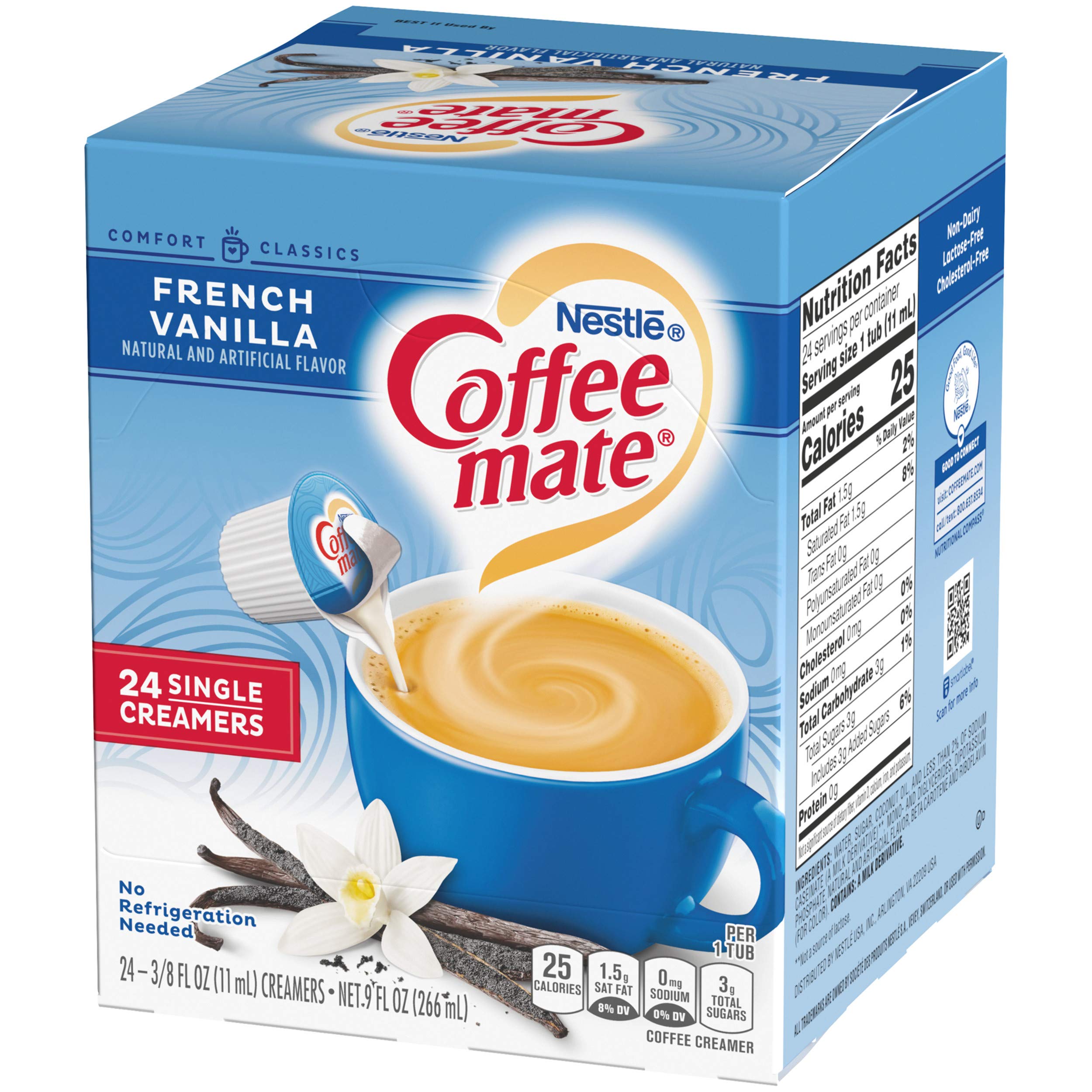 Coffee-mate tub being poured into coffee showing fast, no-mess use