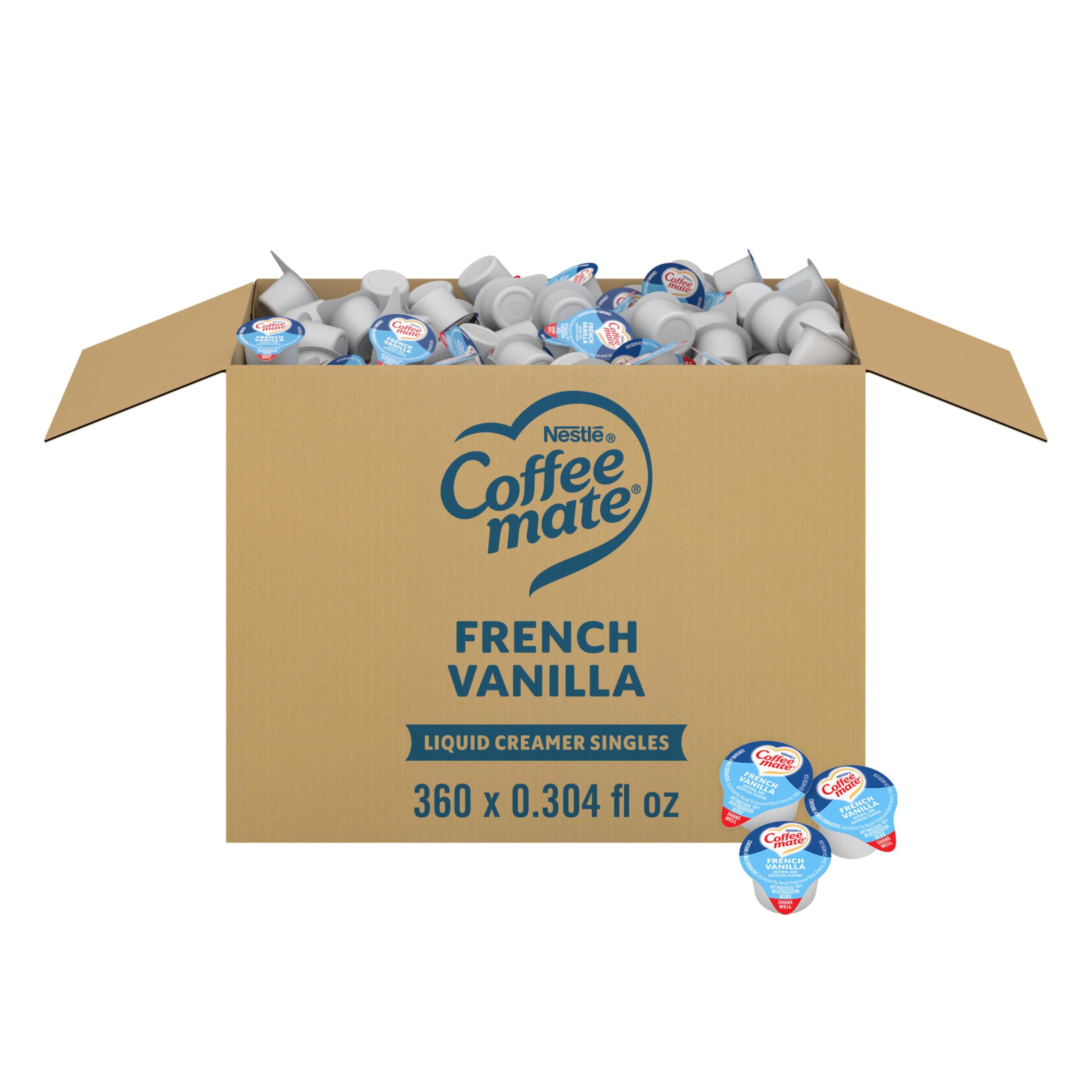 Coffee mate front packaging showing box of 360 tubs for convenient stocking