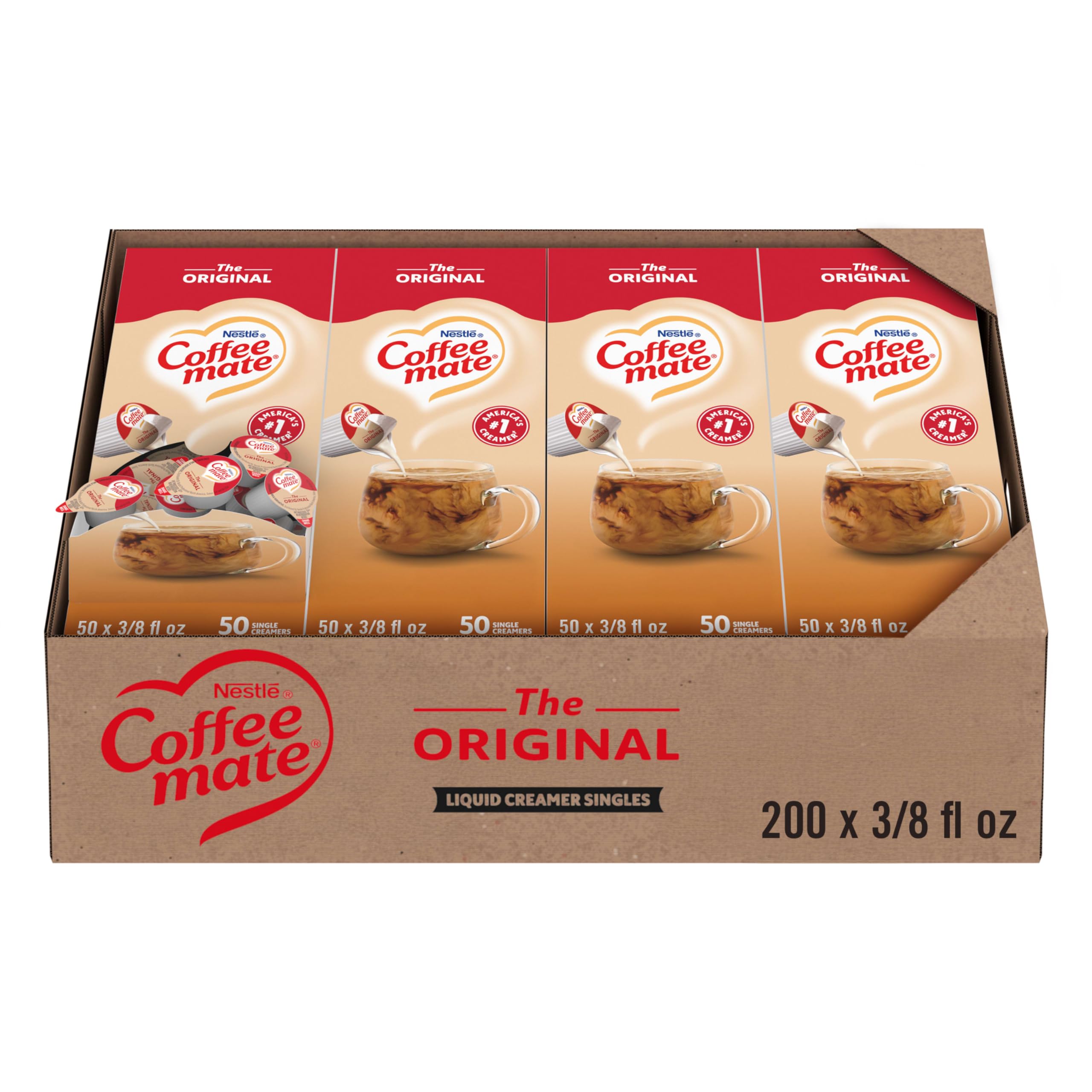 Coffee mate front packaging showing the 200-count box and branding for bulk convenience