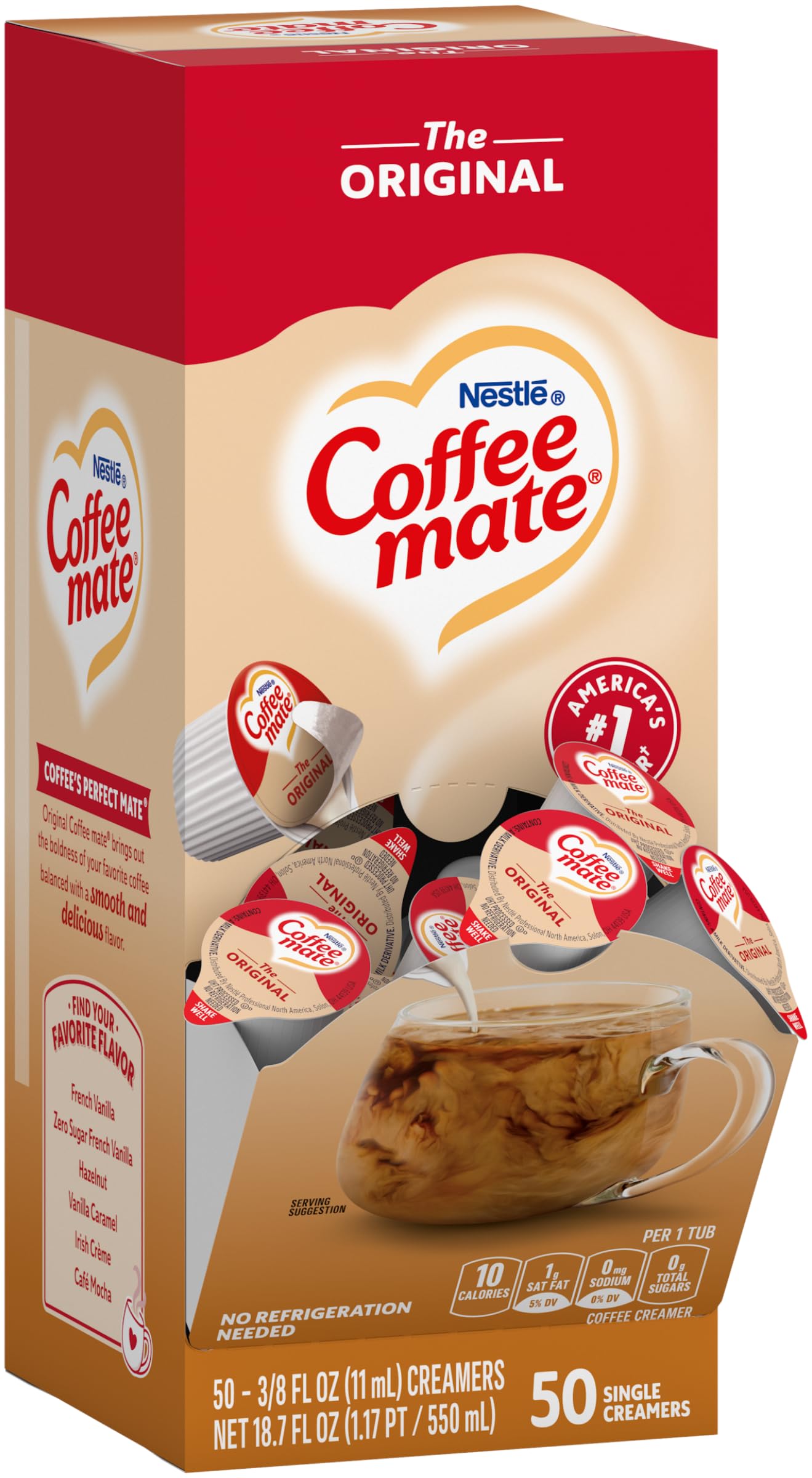 Coffee-mate single tub close-up highlighting seal and easy-open rim for hygienic single-serve convenience
