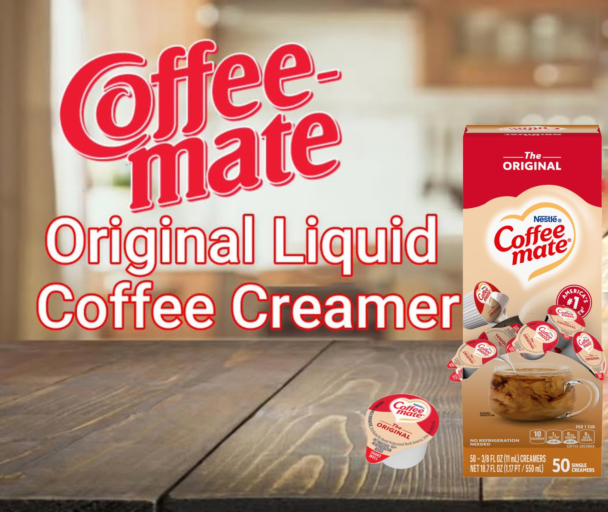 Coffee-mate tub next to a spoon to show compact 0.375 oz size for easy portioning and transport