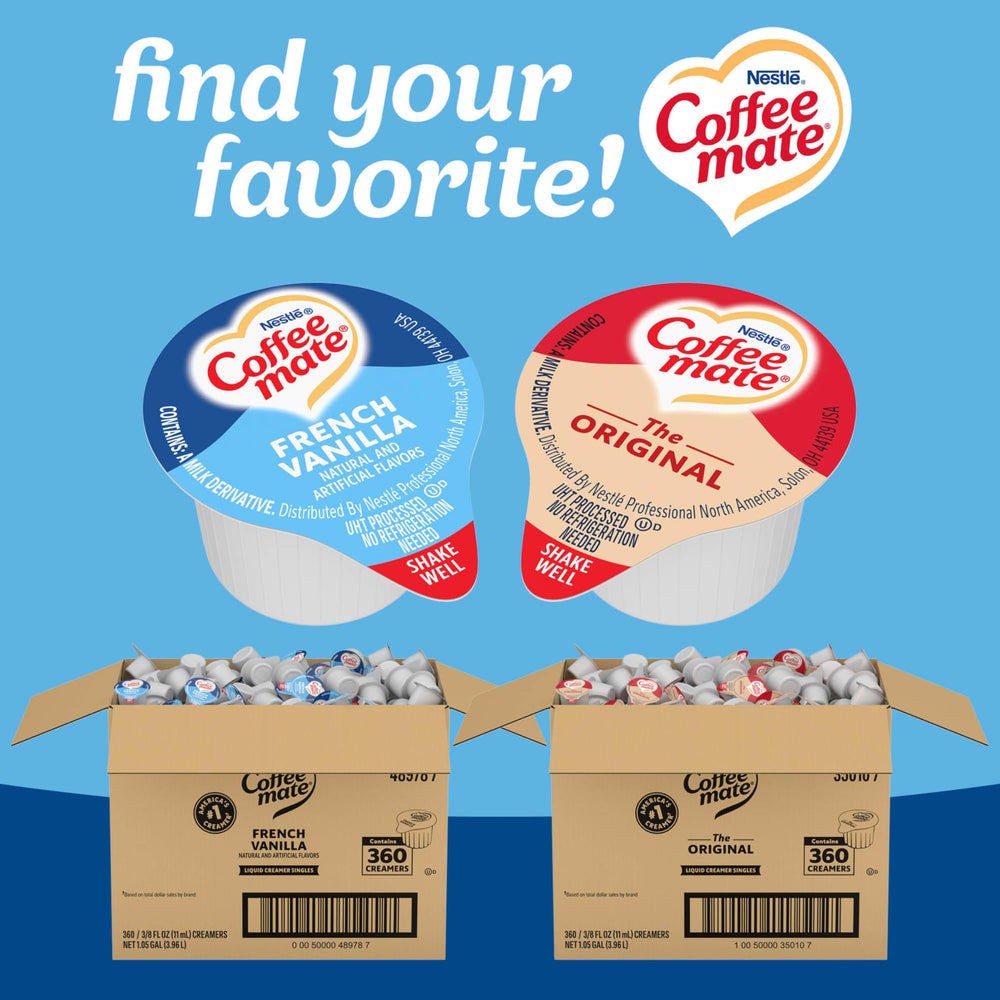 Coffee mate tub beside coffee cup to show compact single-serve scale