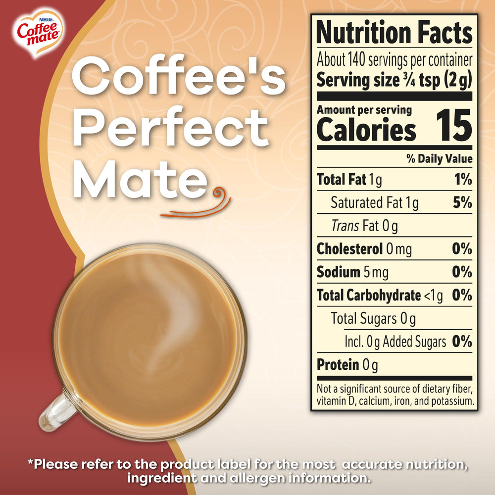 Hand holding Coffee-mate jar to show compact 10.2 oz size
