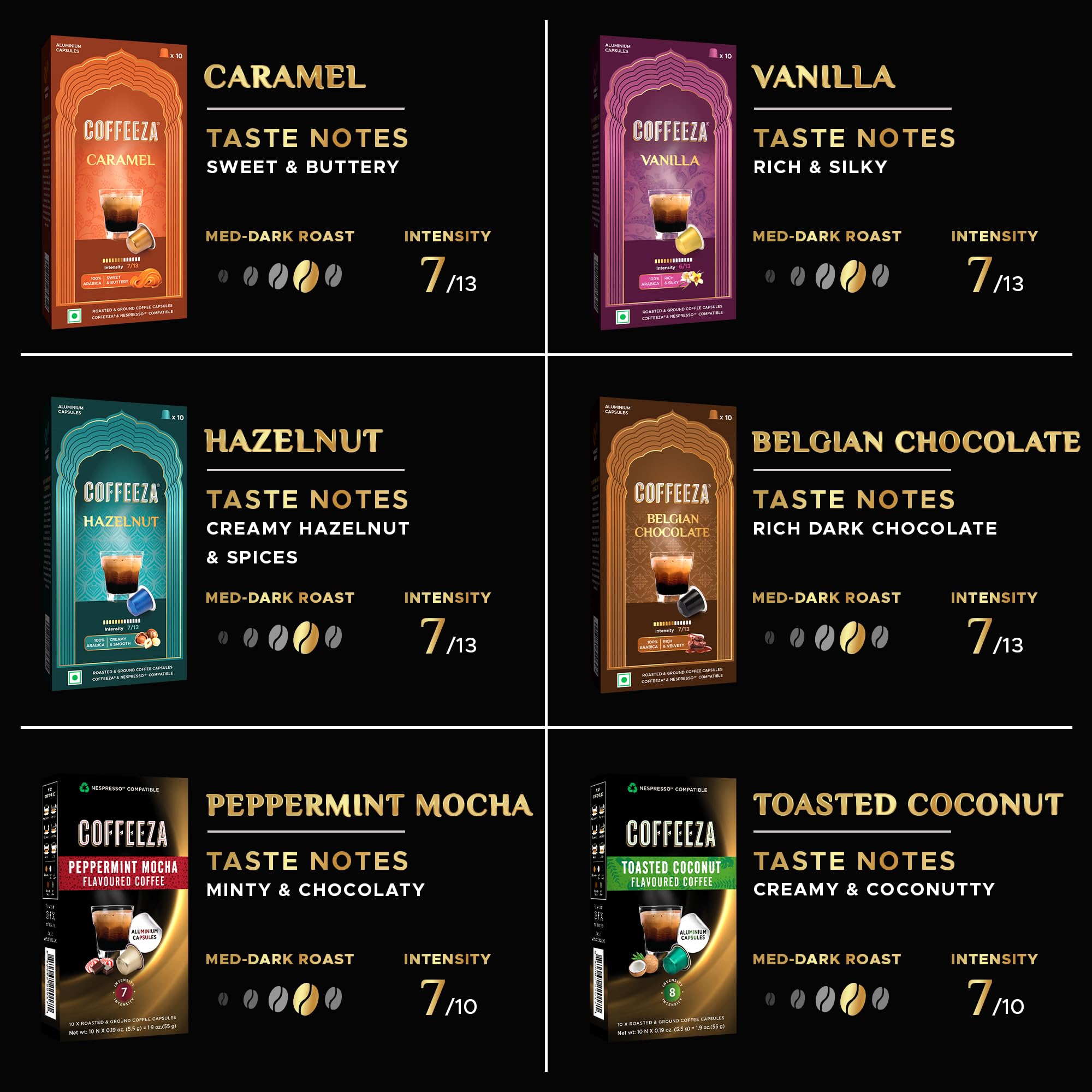 Coffeeza lineup of six flavor pods displaying variety for daily flavor choices