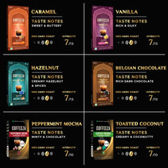 Coffeeza lineup of six flavor pods displaying variety for daily flavor choices