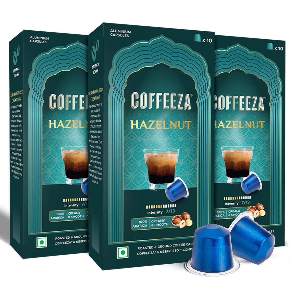 Coffeeza hazelnut front packaging showing brand and 30 pods benefit aroma retention