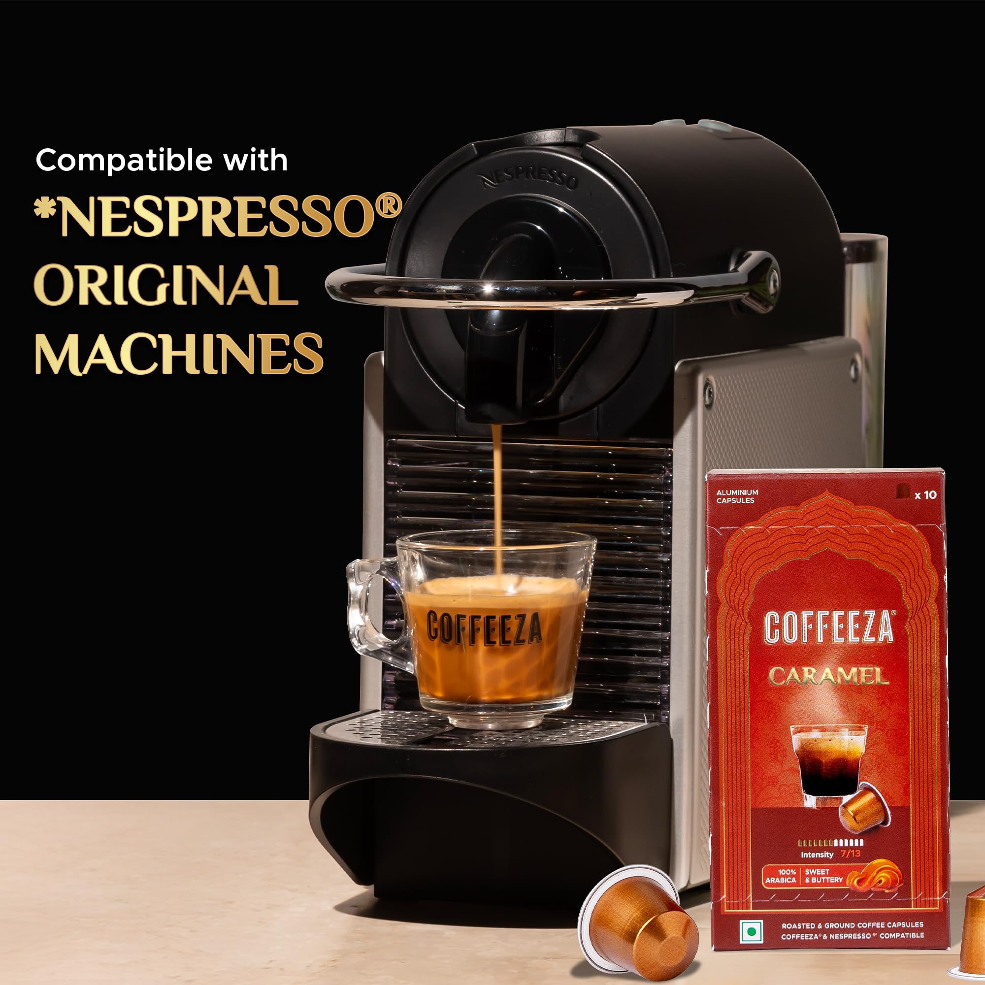 Coffeeza espresso being poured with visible crema emphasizing rich extraction