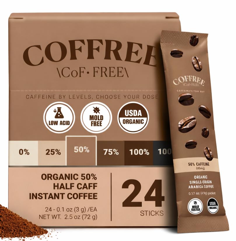 COFFREE front packaging showing 24-count sticks and convenience benefit