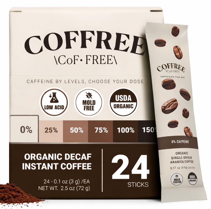 COFFREE front packaging showing 24 single‑serve sticks and travel convenience