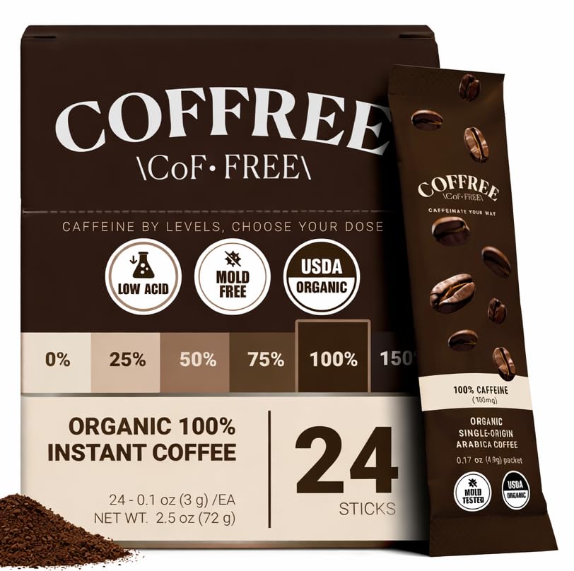 COFFREE front packaging showing 24-count sticks and organic label, convenient portability