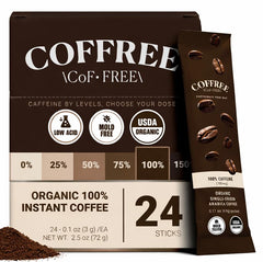COFFREE front packaging showing 24-count sticks and organic label, convenient portability