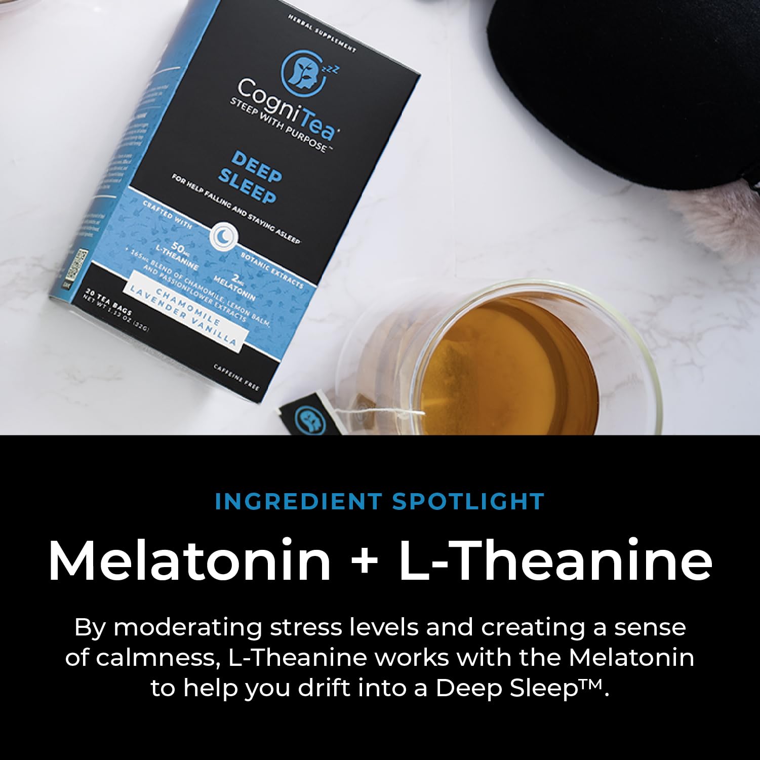 CogniTea wooden spoons with valerian chamomile highlighting natural blend benefit