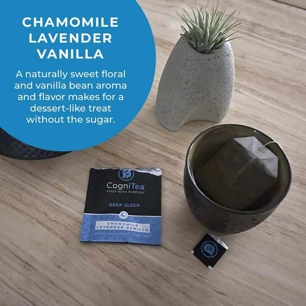 CogniTea tea on bedside table showing nighttime routine and restful environment benefit