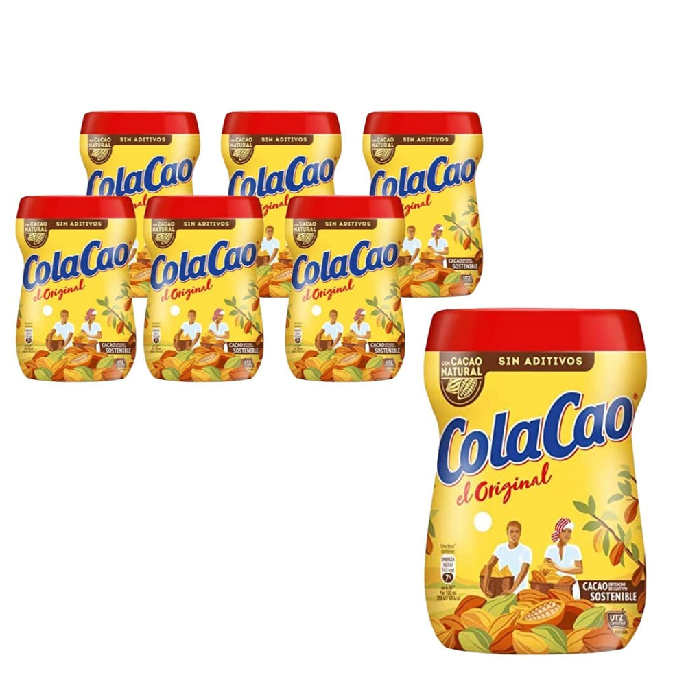 Cola Cao jar front view showing brand and packaging, highlights convenience