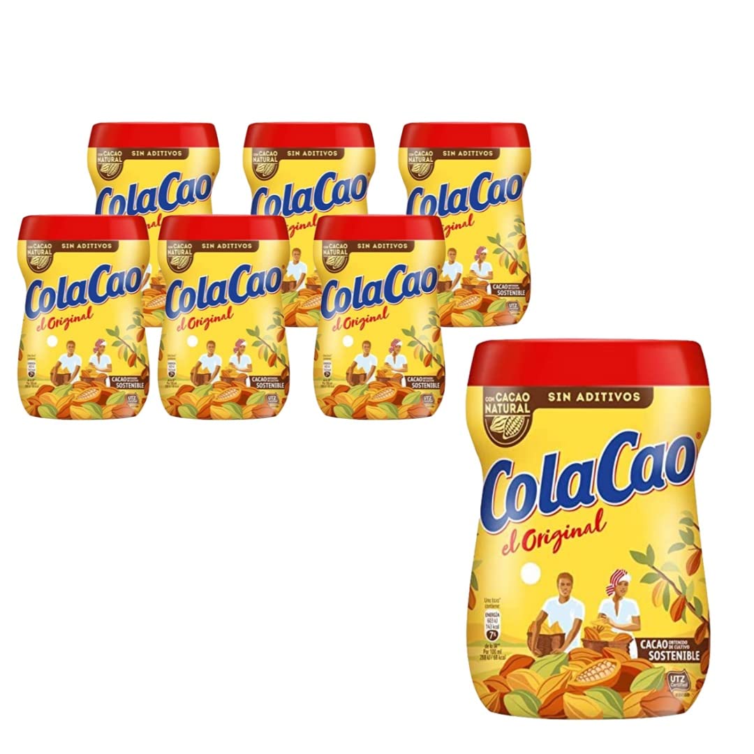 Cola Cao jar front view showing brand and packaging, highlights convenience
