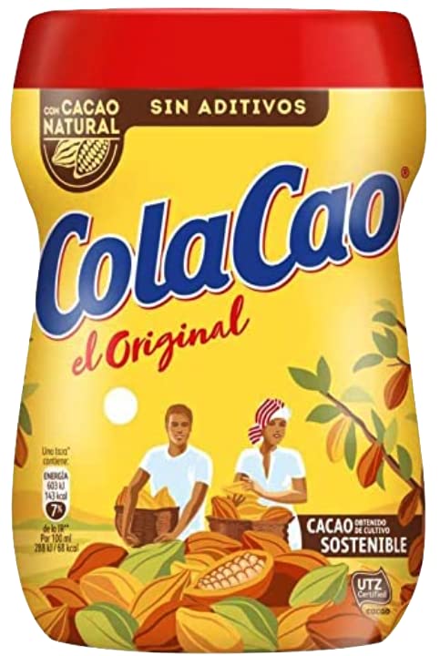 Close-up of Cola Cao label detailing weight and Spanish origin, ensures authenticity