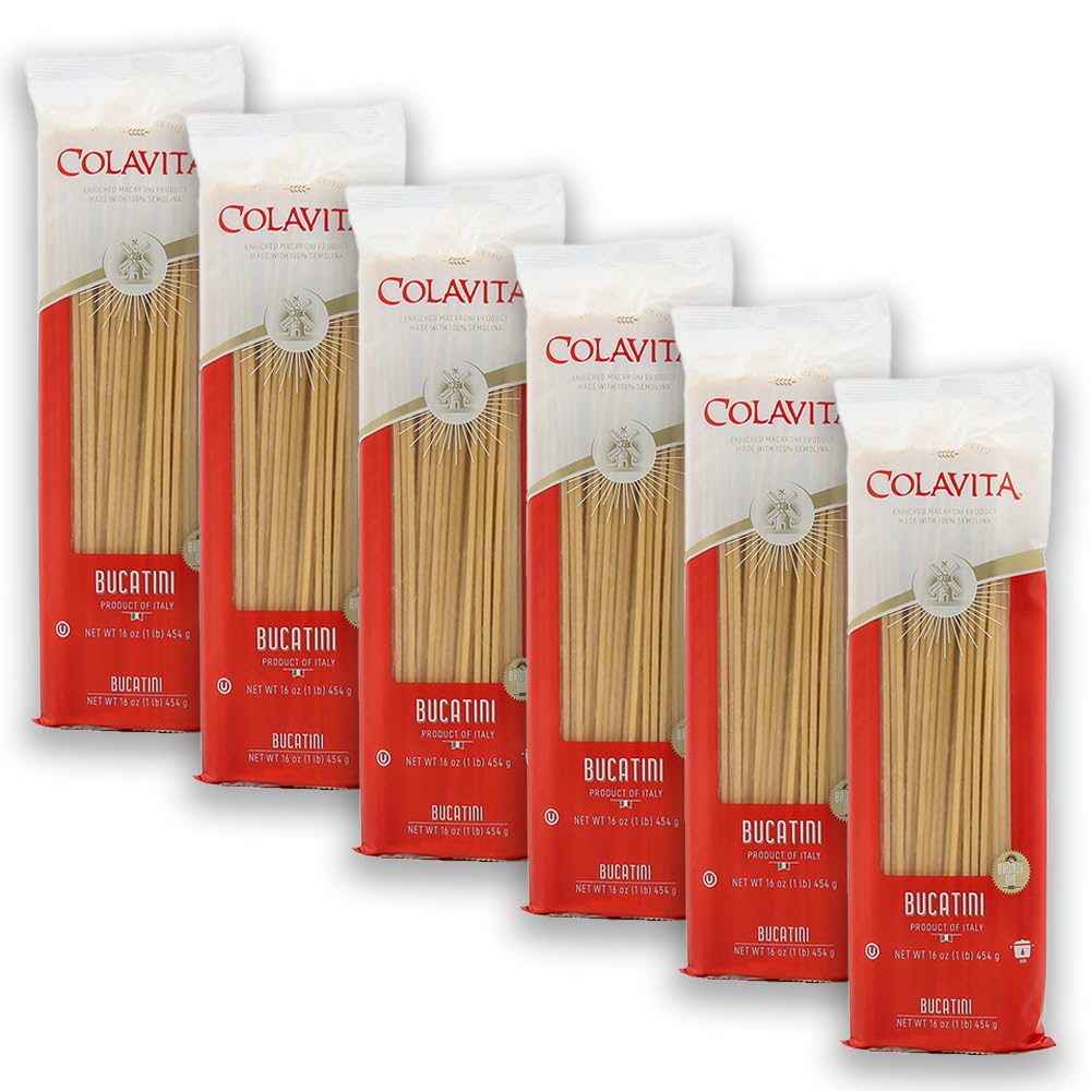 Colavita bucatini front pack showing label and 1 lb bag, highlights authentic Italian quality