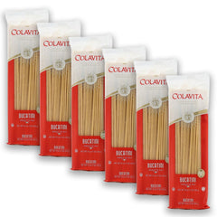Colavita bucatini front pack showing label and 1 lb bag, highlights authentic Italian quality