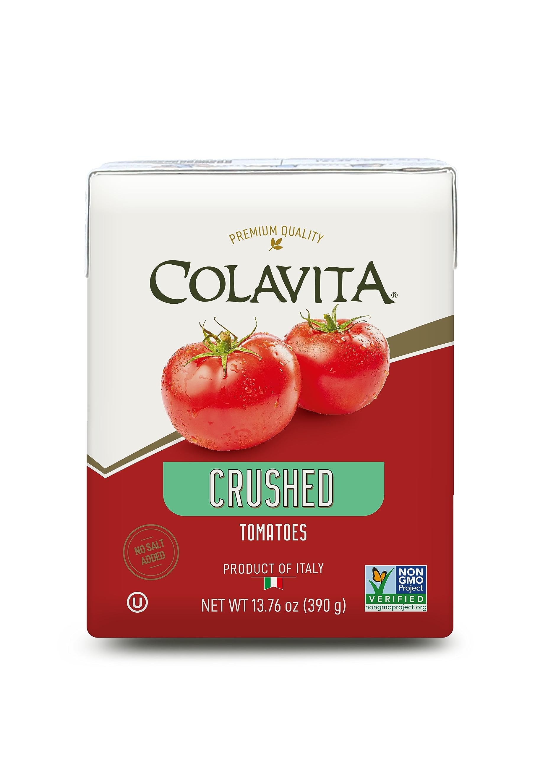 COLAVITA front packaging showing no salt added and non‑GMO benefits