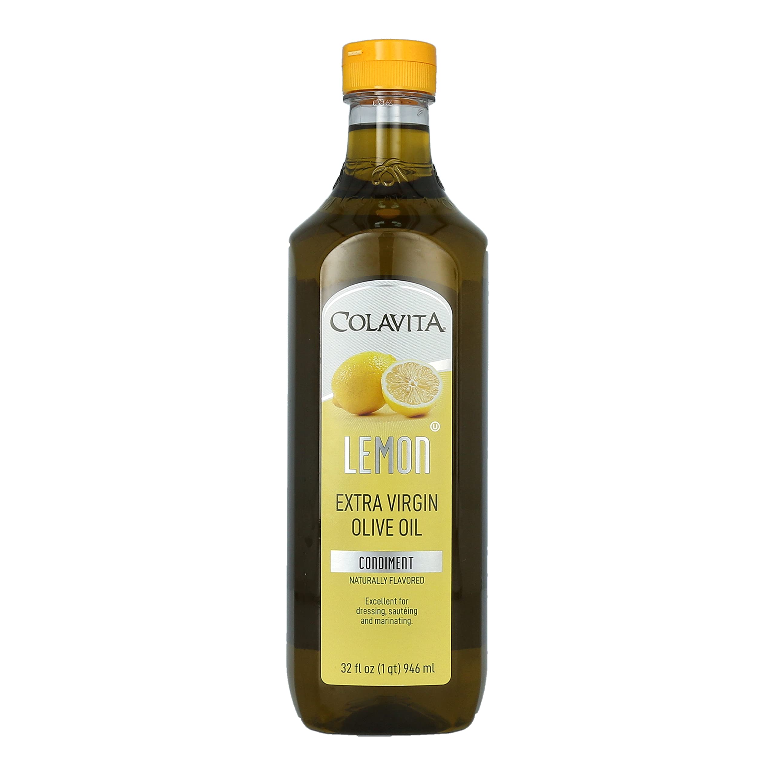 Colavita front label showing lemon flavored extra virgin olive oil and serving suggestion
