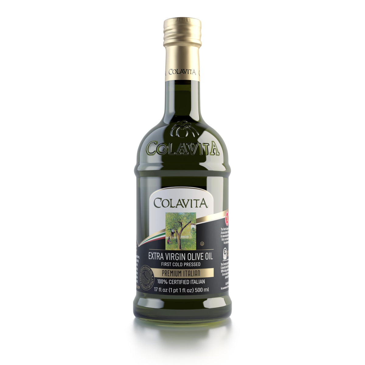 COLAVITA glass bottle front view showcasing elegant packaging and freshness benefit