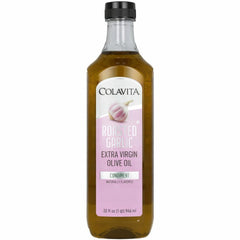 Colavita front bottle shot showing roasted garlic EVOO and clear branding benefit: easy pantry identification
