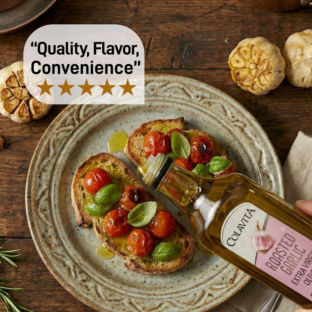 Olives and roasted garlic next to Colavita bottle depicting natural ingredients and authentic taste benefit