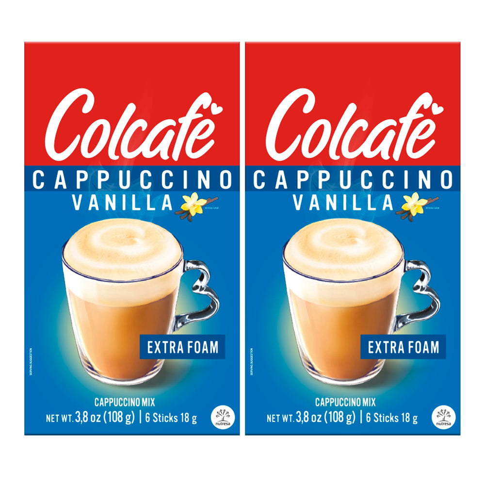 COLCAFE front packaging showing two-pack and 12 vanilla sticks for quick cups
