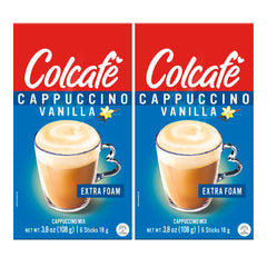 COLCAFE front packaging showing two-pack and 12 vanilla sticks for quick cups