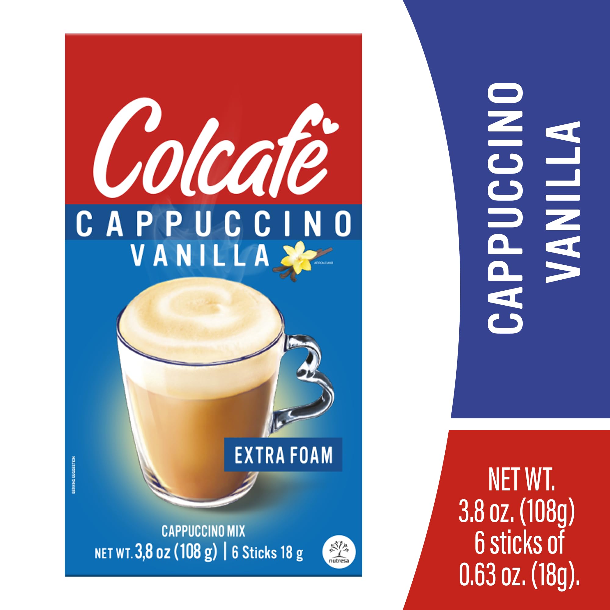 COLCAFE prepared vanilla cappuccino in cup with foam showing creamy, ready-in-seconds benefit