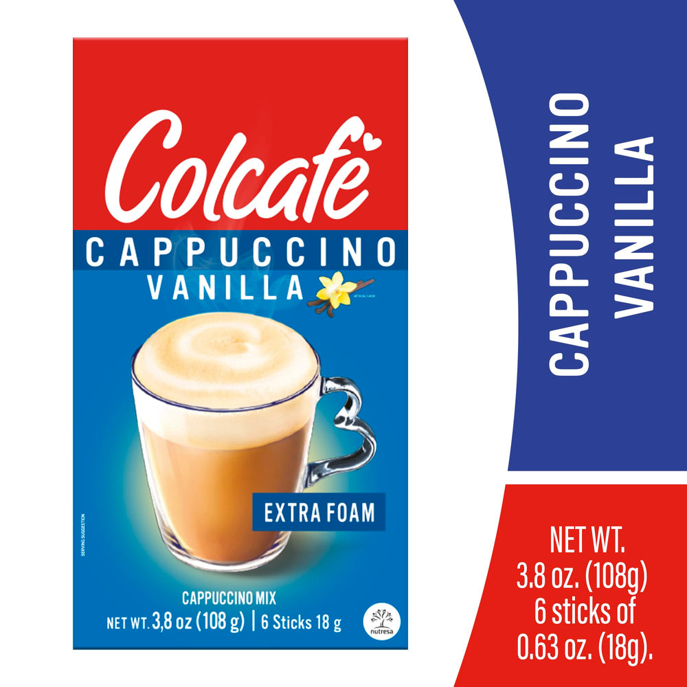 COLCAFE prepared vanilla cappuccino in cup with foam showing creamy, ready-in-seconds benefit