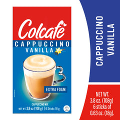 COLCAFE prepared vanilla cappuccino in cup with foam showing creamy, ready-in-seconds benefit