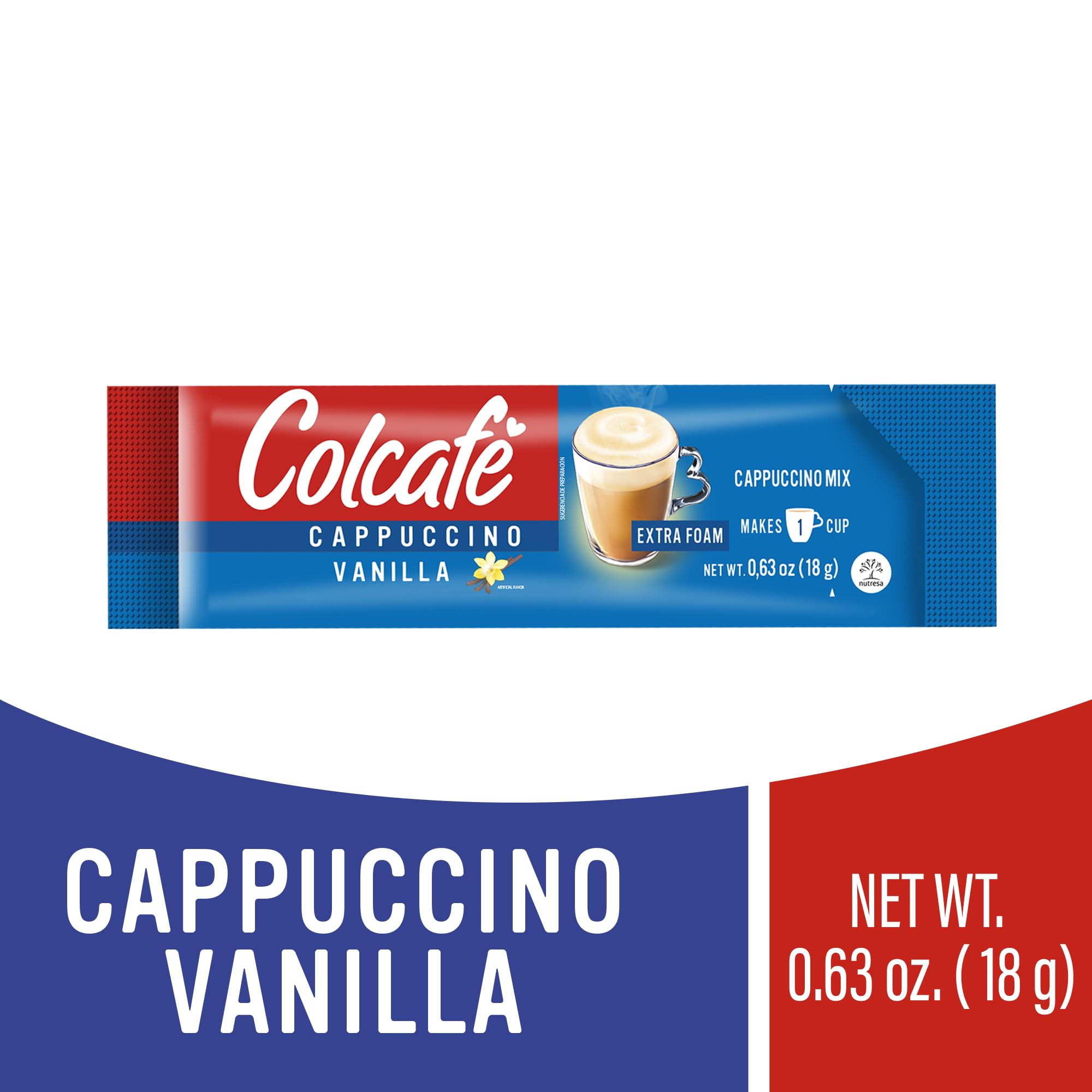 COLCAFE close-up of a single vanilla cappuccino sachet highlighting instant convenience