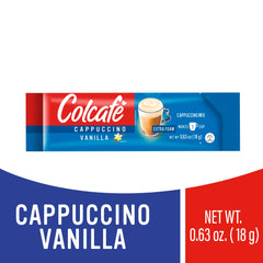 COLCAFE close-up of a single vanilla cappuccino sachet highlighting instant convenience
