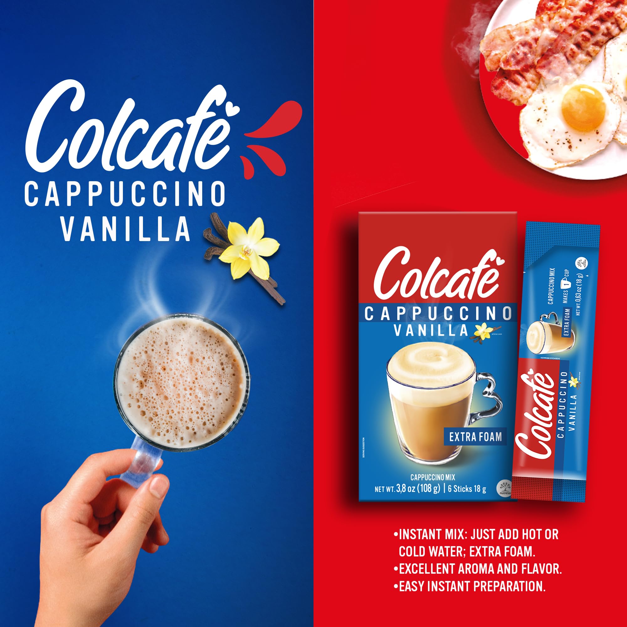 COLCAFE sachets next to a spoon for scale showing single-serve portion control benefit