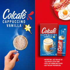 COLCAFE sachets next to a spoon for scale showing single-serve portion control benefit