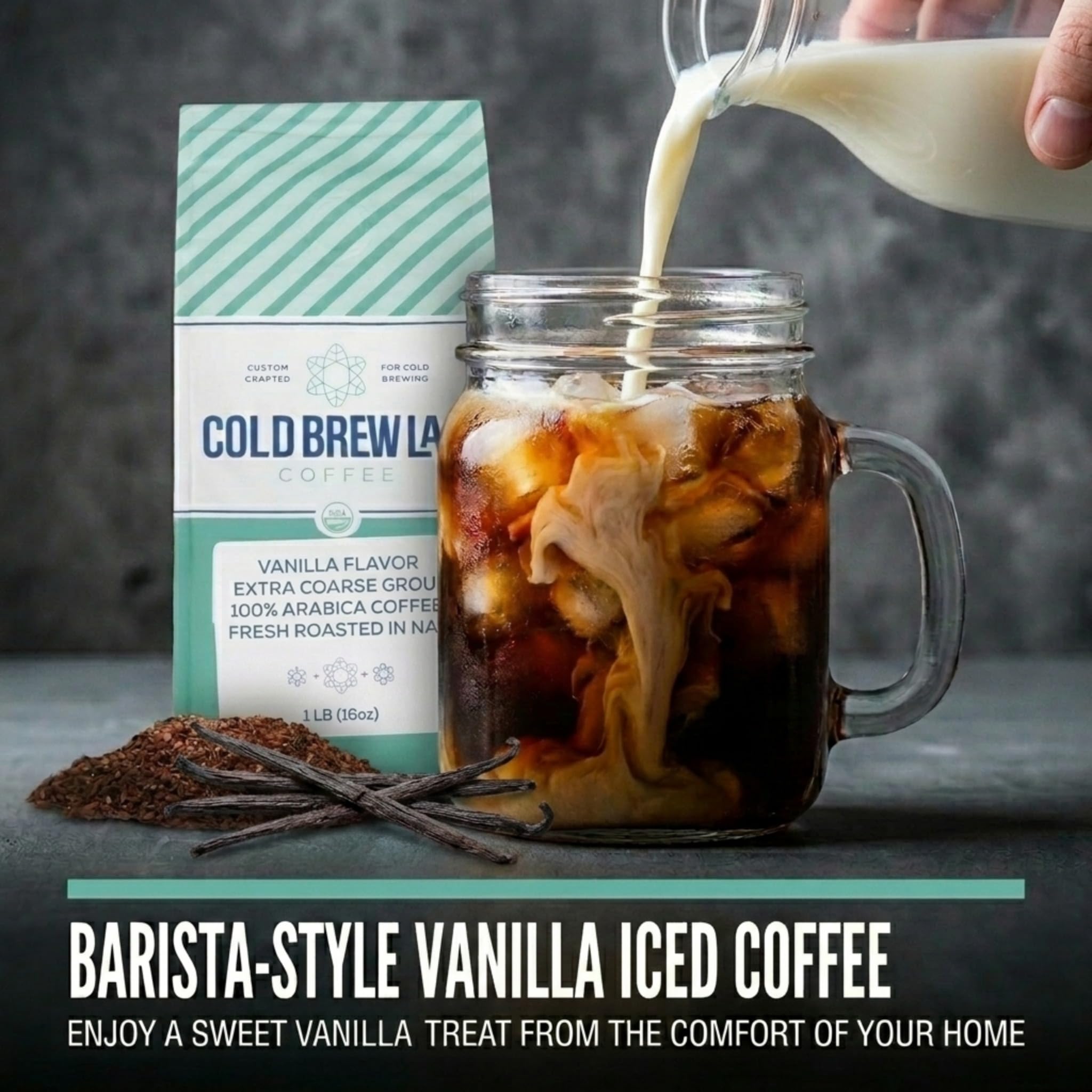 COLD BREW LAB poured over ice in tall glass demonstrating creamy vanilla iced coffee serving