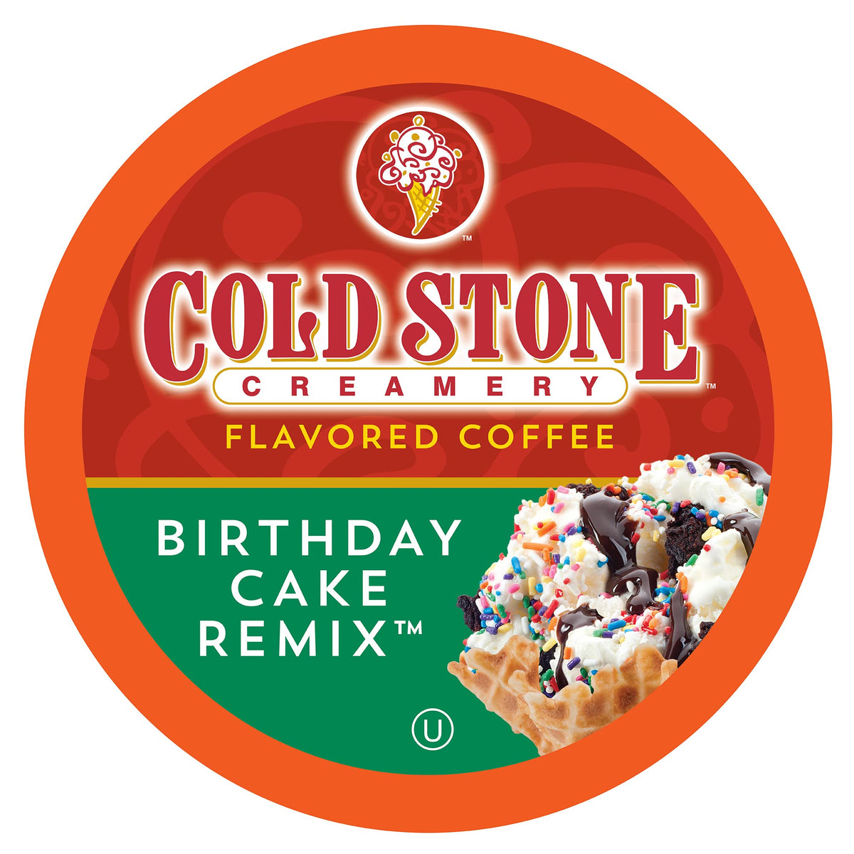Cold Stone Creamery Beverages front packaging showing 40-count birthday cake pods and convenience