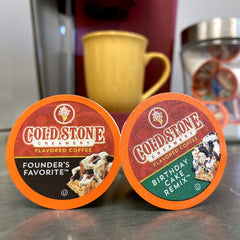 Brewed cup beside pod in a kitchen showing Cold Stone Creamery flavor enjoyment
