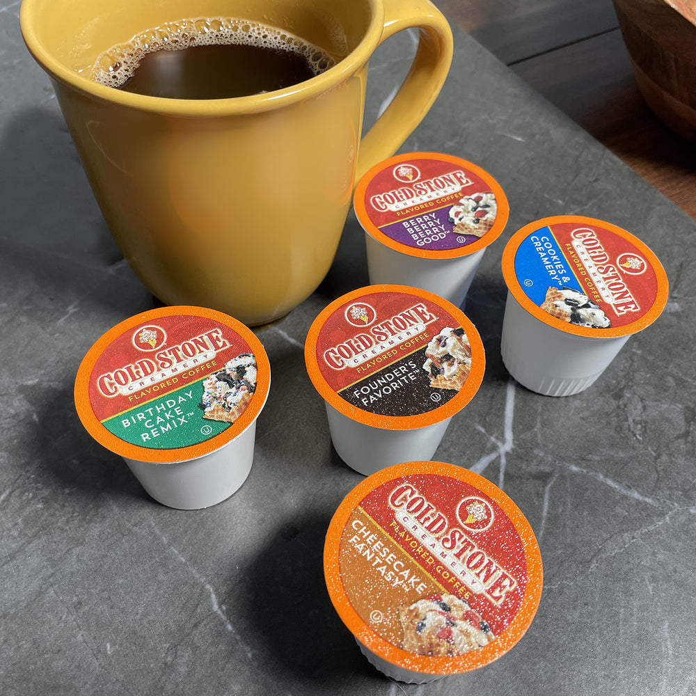 Pod next to a coffee cup for scale showing Cold Stone Creamery single-serve portion control