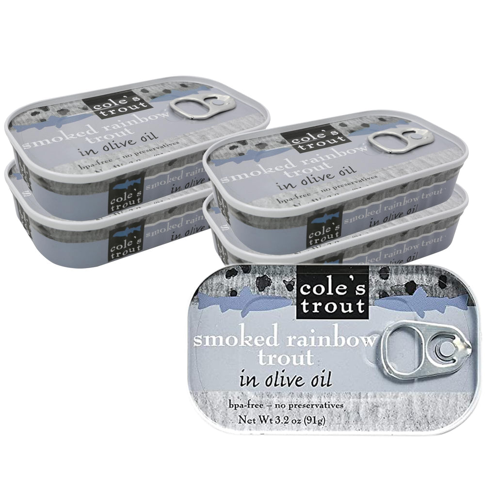 Cole's front can label showing smoked trout and olive oil, highlights premium quality