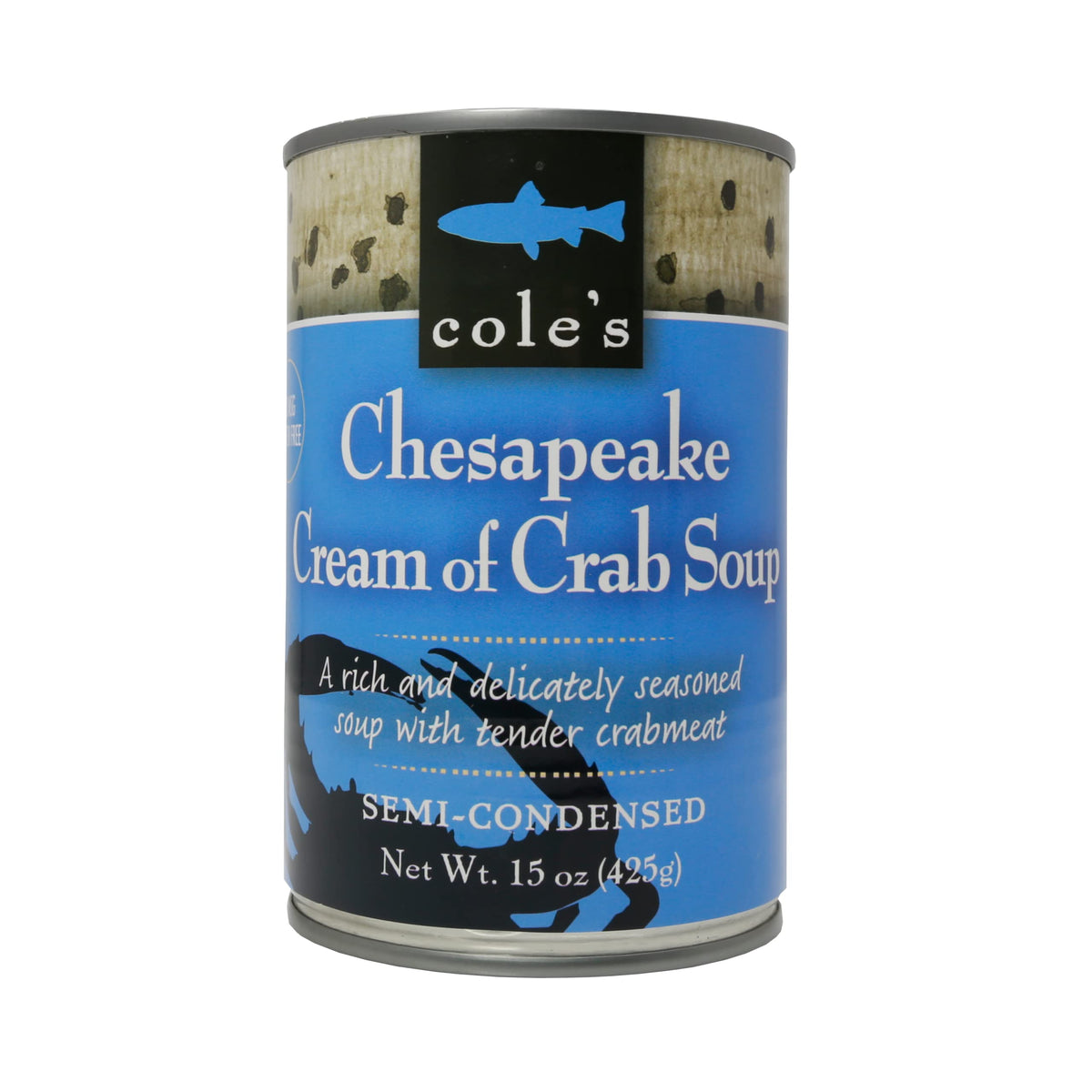 Cole’s front packaging showing can label and premium crab bisque benefit convenience