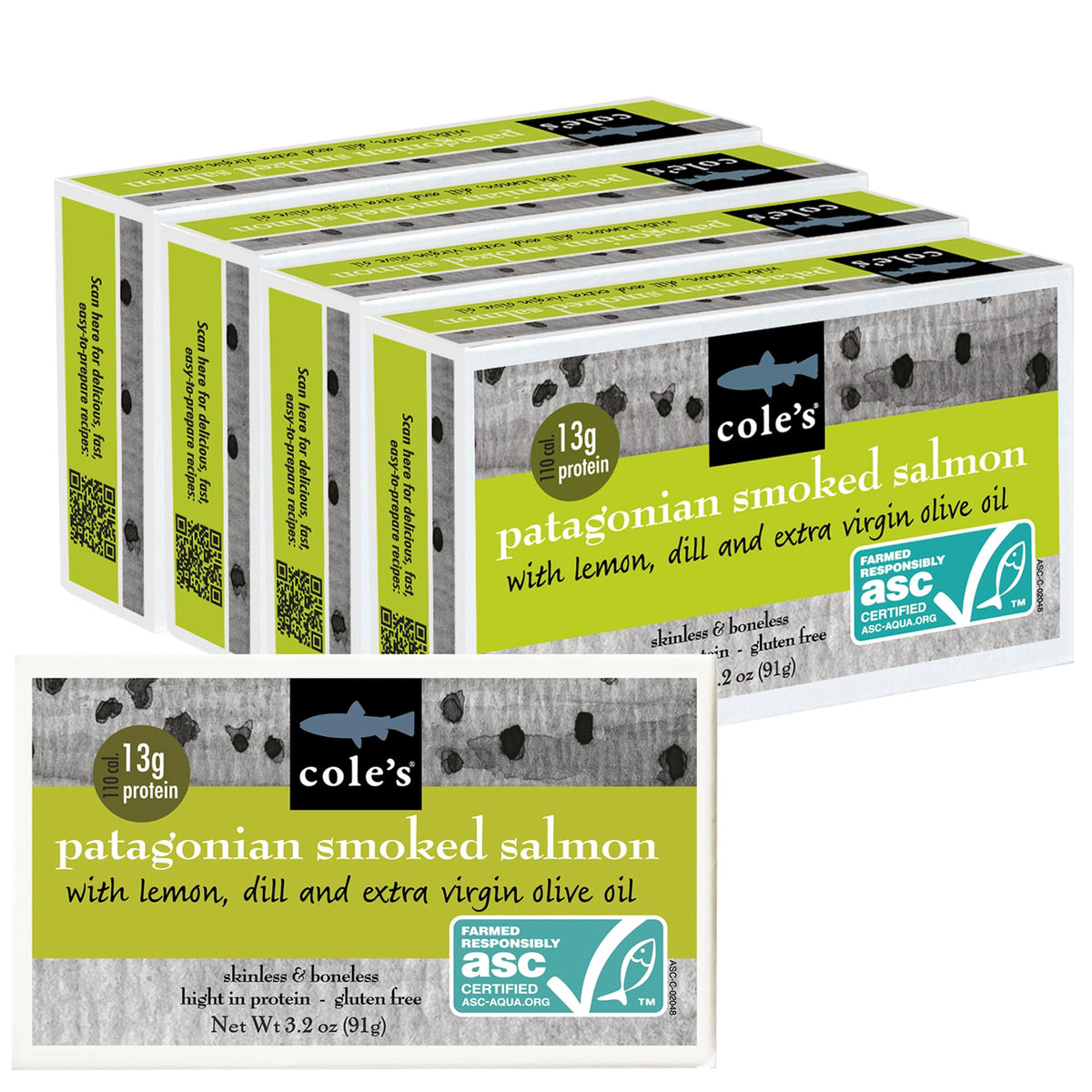 Cole's front packaging showing smoked salmon fillet and benefits