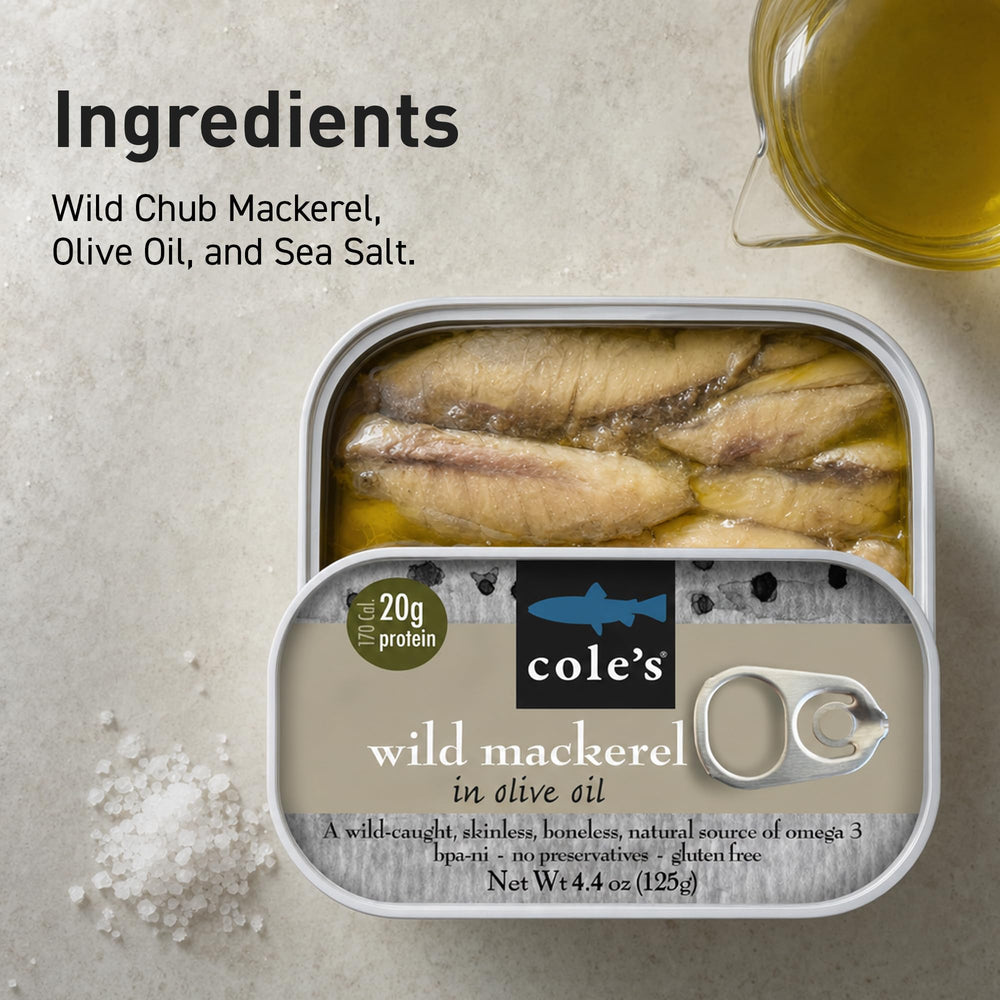 Cole's close-up of olive oil coating mackerel highlighting rich texture and preserved flavor