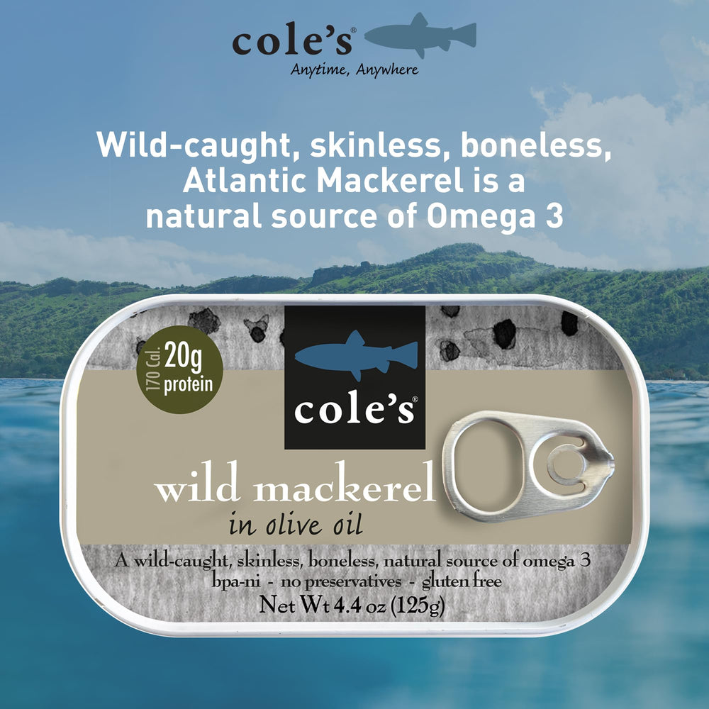 Cole's open can top view revealing skinless boneless mackerel in olive oil for ready-to-eat convenience
