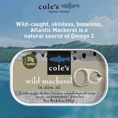 Cole's open can top view revealing skinless boneless mackerel in olive oil for ready-to-eat convenience