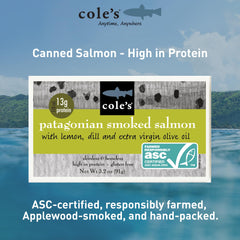 Cole's olive oil close-up on salmon, preserves texture and flavor